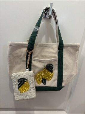 NWT Made in India Canvas lemon Applique Tote Bag with Beaded Coin Pouch